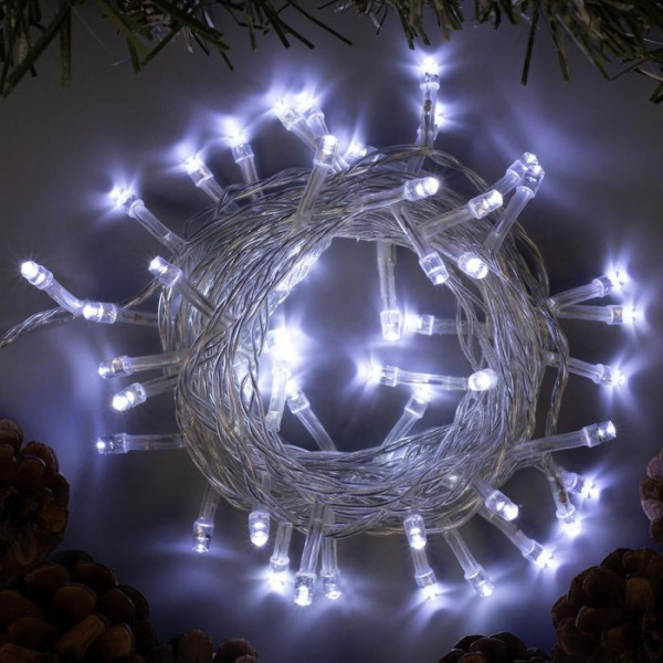Гирлянда «Нить» 5 м, IP20, прозрачная нить, 50 LED, 8 режимов, 220 В, свечение белое