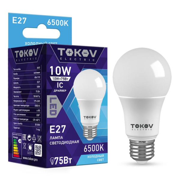 Лампа светодиодная 10Вт А60 6500К Е27 176-264В TOKOV ELECTRIC
