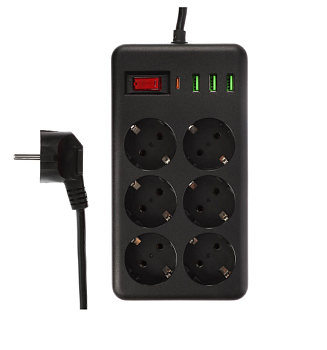 Удлинитель, сетевой фильтр 6 гнезд 3м BY Black, 3*USB, 1*type-C,выкл., 2500Вт,чёрный