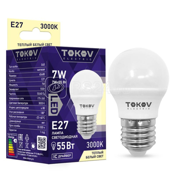 Лампа светодиодная 7Вт G45 3000К Е27 176-264В TOKOV ELECTRIC