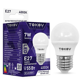 Лампа светодиодная 7Вт G45 4000К Е27 176-264В TOKOV ELECTRIC
