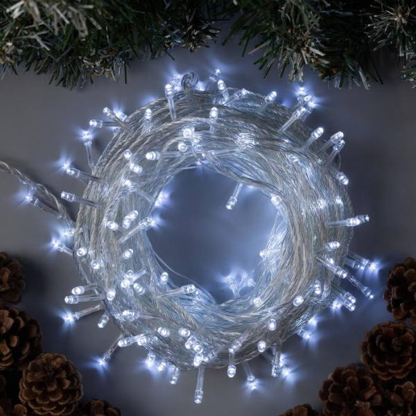 Гирлянда «Нить» 20 м, IP20, прозрачная нить, 200 LED, 8 режимов, 220 В, свечение белое