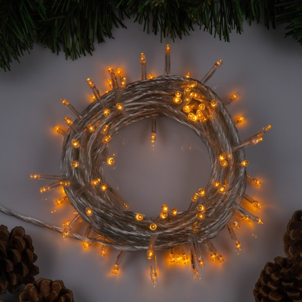 Гирлянда «Нить» 10 м, IP20, прозрачная нить, 100 LED, 8 режимов, 220 В, свечение жёлтое