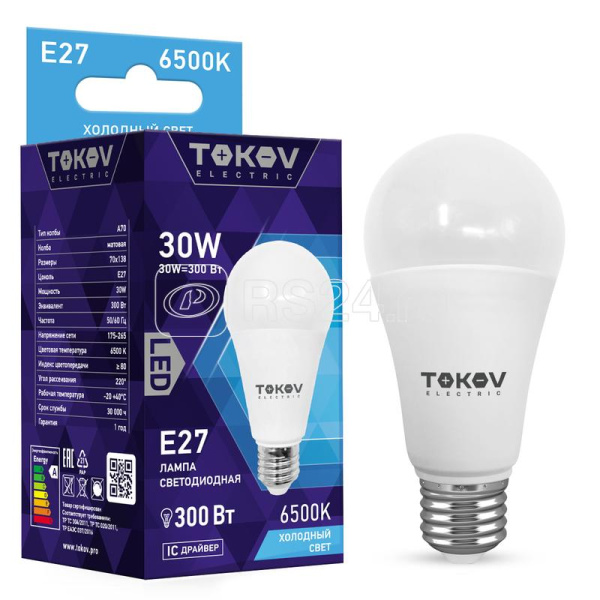 Лампа светодиодная 30Вт А70 6500К Е27 176-264В TOKOV ELECTRIC