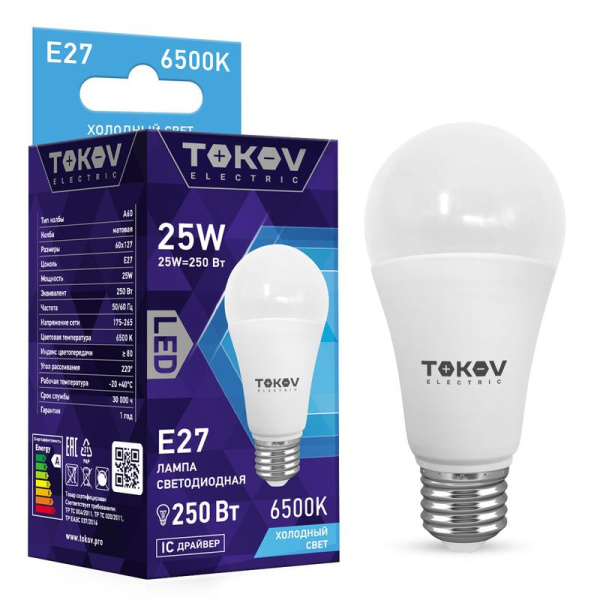 Лампа светодиодная 25Вт А60 6500К Е27 176-264В TOKOV ELECTRIC