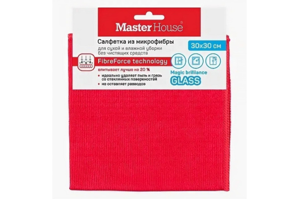 Салфетка д/уборки стекла, зеркал, кафеля, плит "Без разводов" 30*30см, микрофибра 60304 Master House