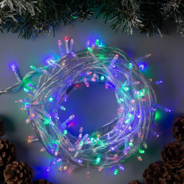 Гирлянда «Нить» 20 м, IP20, прозрачная нить, 200 LED, 8 режимов, 220 В, свечение мульти