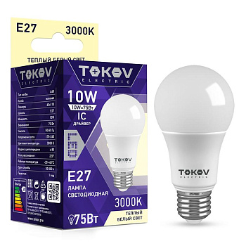 Лампа светодиодная 10Вт А60 3000К Е27 176-264В TOKOV ELECTRIC
