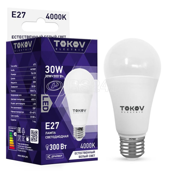 Лампа светодиодная 30Вт А70 4000К Е27 176-264В TOKOV ELECTRIC