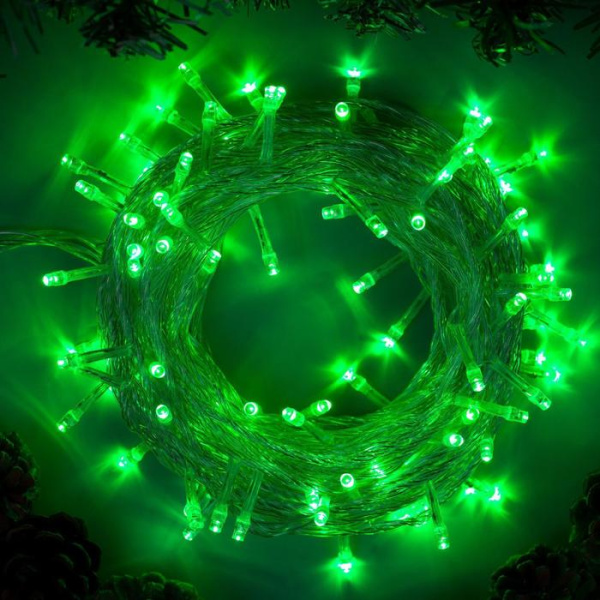 Гирлянда «Нить» 10 м, IP20, прозрачная нить, 100 LED, 8 режимов, 220 В, свечение зелёное
