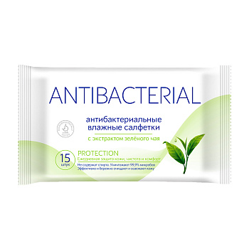 Салфетки влажные 15 шт антибакт. с зеленым чаем Antibacterial Protection